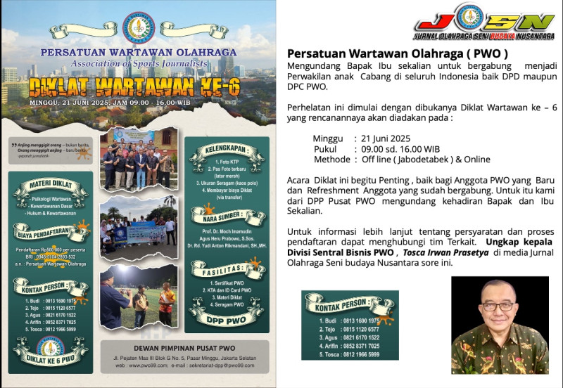 Persatuan Wartawan Olahraga (PWO) Gelar Diklat Wartawan ke-6, Ajak Wartawan Baru dan Lama Tingkatkan Profesionalisme